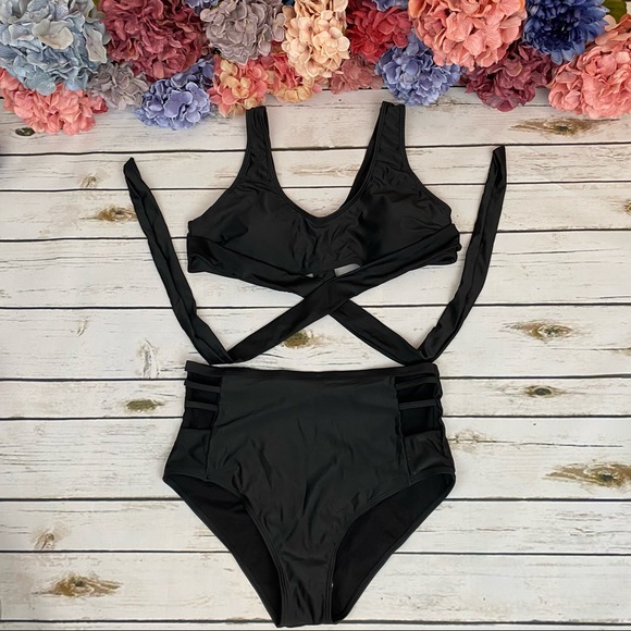 Sexy Black Criss Cross Bikini with Bandage Bottoms - Picture 7 of 16